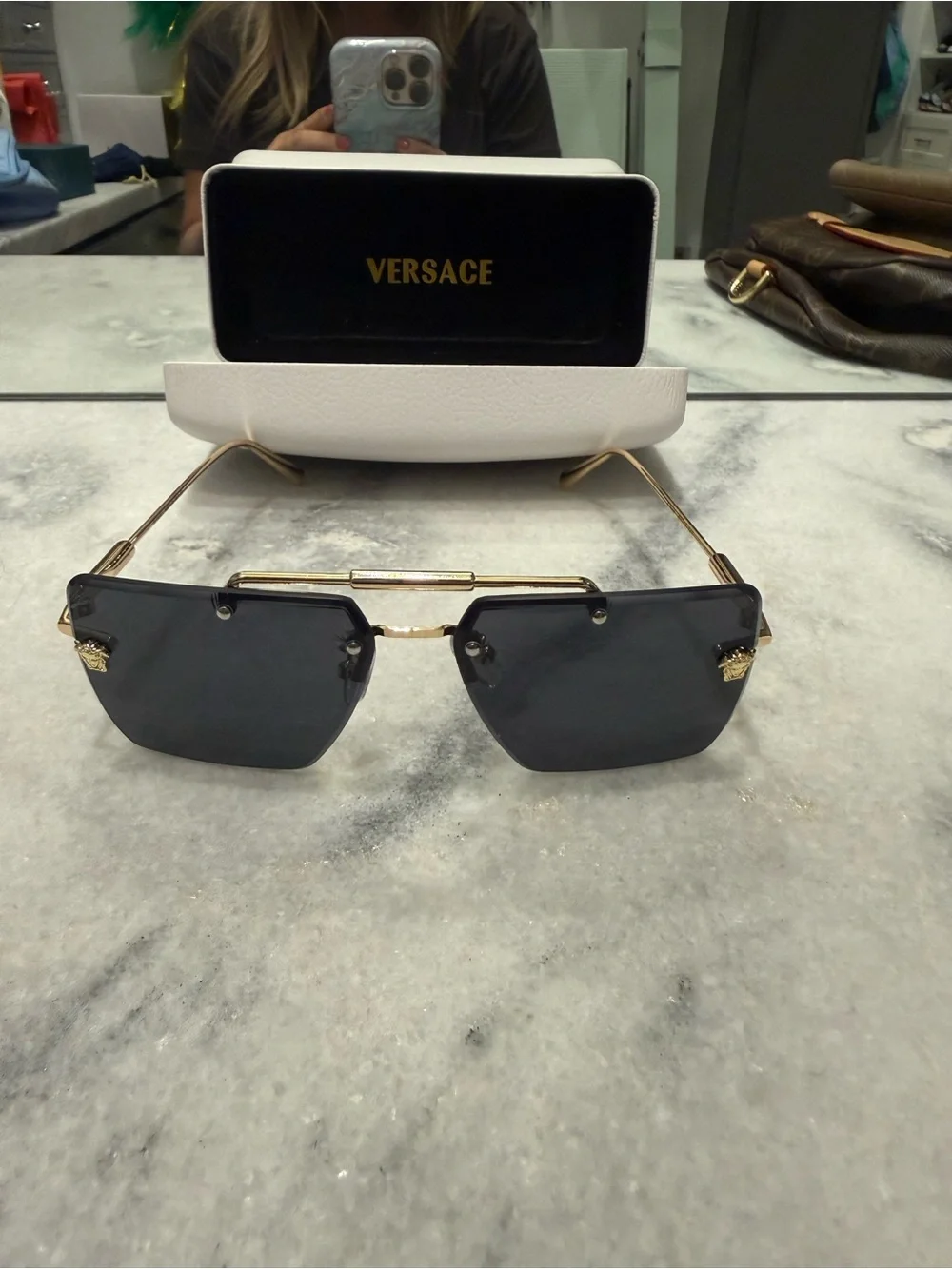 Versace Men's Black Shield Sunglasses with Gold Medusa Accents